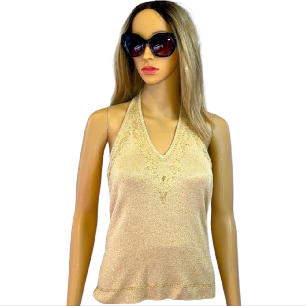 Sandra Gold knit Halter top with embroidery M